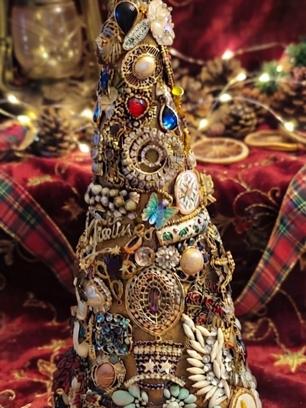 Handcrafted Gold Tone Jeweled Christmas Tree